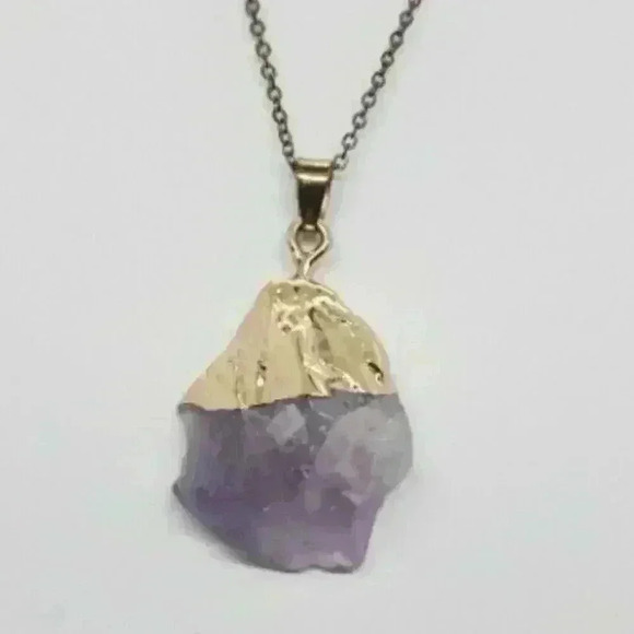 Genuine Amethyst Crystal Polished & Dipped In 14 Kt. Gold Pendant Necklace - Picture 1 of 13